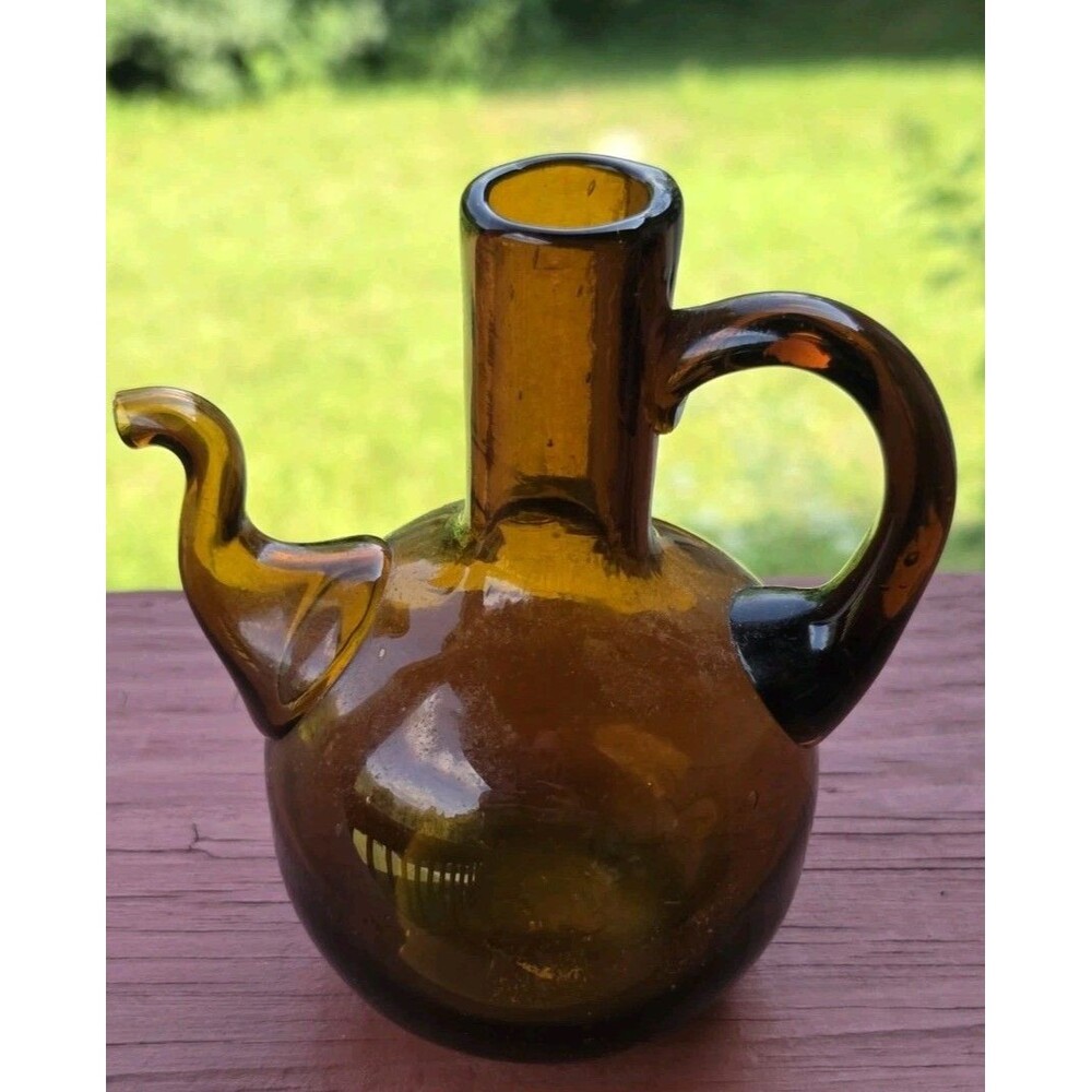 Vintage Amber Glass Oil Vinegar Cruet Decanter Bottle Hand Blown 1950's 5" Tall